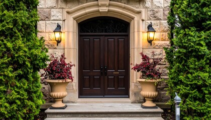Elegant Front Door with Stonework and Landscaping