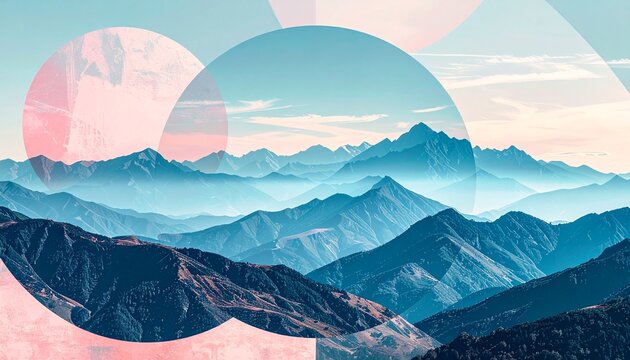A scenic view of layered mountain ranges fades into the distance, overlaid with transparent pink and blue geometric circles.