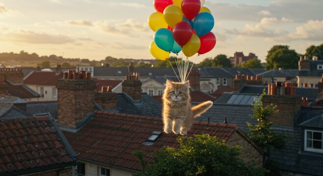 Whimsical Cat's Aerial Adventure: A fluffy cat soars through the sky, carried by a vibrant bouquet of colorful balloons above the charming cityscape.