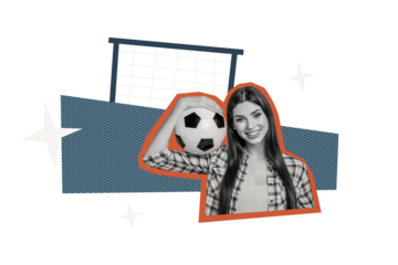 Composite photo collage of happy sports girl hold football ball flash gate net euro league winner triumph isolated on painted background