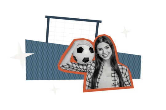 Composite photo collage of happy sports girl hold football ball flash gate net euro league winner triumph isolated on painted background