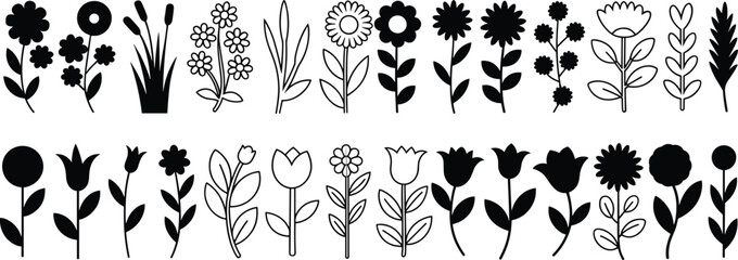 Set of simple flower icons and silhouettes, diverse floral designs in black and white, nature and garden symbol collection.