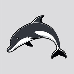 Naklejka premium Illustration of a black and white dolphin leaping upward against a light gray background.