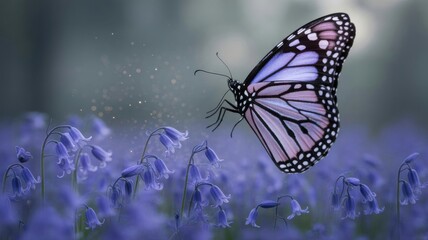Monarch butterfly with delicate wings rests on a field of purple wildflowers