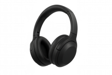 Black wireless headphones floating on a transparent background, perfect for music lovers and podcast enthusiasts