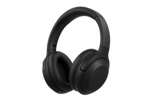 Black wireless headphones floating on a transparent background, perfect for music lovers and podcast enthusiasts