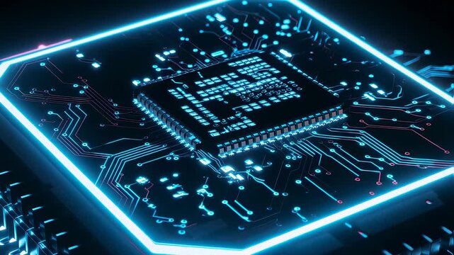 Blue glowing microchip on circuit board with neon lines and data flow, futuristic computer processing concept footage. - Powered by Adobe