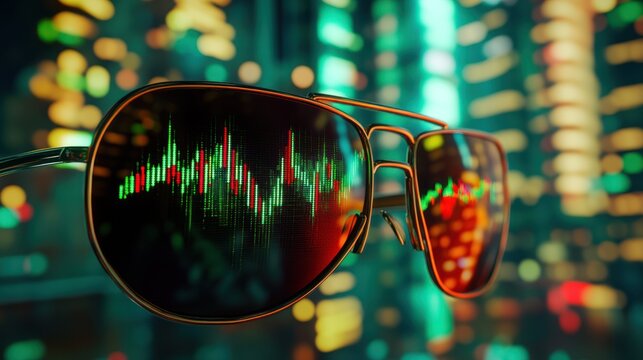 Sunglasses reflecting stock market chart on city lights