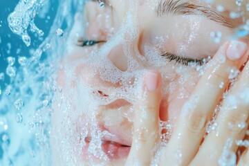 Obraz premium Refreshing shower moment: woman's face with water drops and relaxation