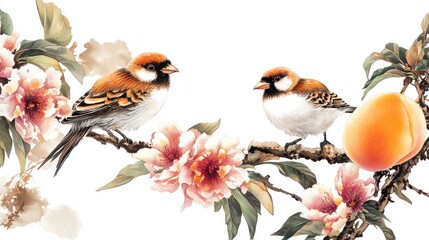 Fototapeta premium Two sparrows on a branch with peach blossoms and an apricot