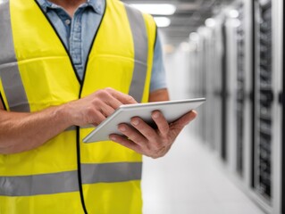 A close-up shot of a worker in a yellow safety vest using a digital tablet in a server room.