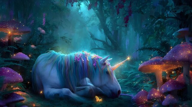 Rainbow unicorn resting in enchanted forest with glowing mushrooms and floating sparkles creating dreamy aura