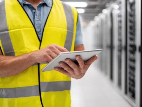 A close-up shot of a worker in a yellow safety vest using a digital tablet in a server room.