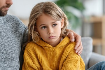 A concerned young girl with long blonde hair, wearing a yellow sweater, being comforted by an adult's hand on her shoulder, looking thoughtful and sad.