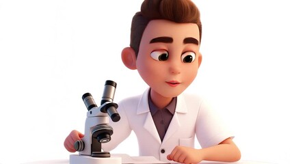 Curious boy exploring with microscope and explaining animation video. Child with brown hair in lab coat speaking animated footage clip seamless HD motion graphics. STEM education concept - Powered by Adobe