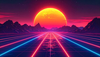 A vibrant digital artwork showcasing a futuristic landscape with a glowing sun setting over mountains and a neon road.