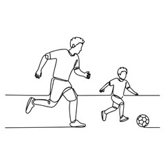 One single line Art drawing young dad running and playing football soccer with his son in public field park vector graphic illustration. with white background