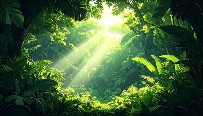 Sunbeams pierce a lush, vibrant rainforest canopy, illuminating the dense, green undergrowth.