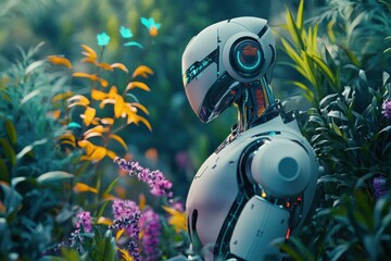 White robot amidst vibrant flora