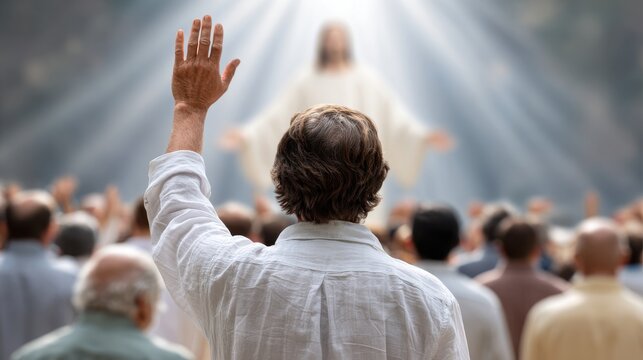 A man raises his hand in worship amid a large crowd, facing a glowing, divine figure of Jesus bathed in heavenly light.