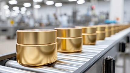 Golden cosmetic jars are moving along a conveyor belt in a manufacturing facility, highlighting automated production of luxury packaging.