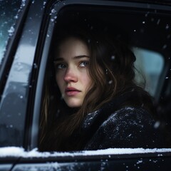 Young woman looking into black car window on snowy winter day