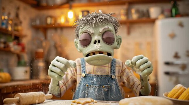 Clumsy Cartoon Zombie in Kitchen Surprised by Baking Cookies Adventure with Flour Everywhere