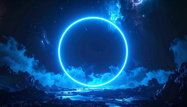 A vibrant blue neon ring floats in a dark starry sky, surrounded by a surreal landscape.