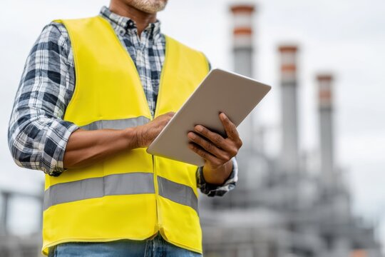 A professional in a high-visibility vest and plaid shirt uses a tablet at an industrial site with chimneys. - Powered by Adobe