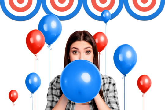 Composite collage image of female blow air balloons party national independence america day fourth july weird freak bizarre unusual fantasy - Powered by Adobe