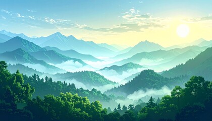 Misty mountain range landscape at sunrise, lush forests, and vibrant colors.