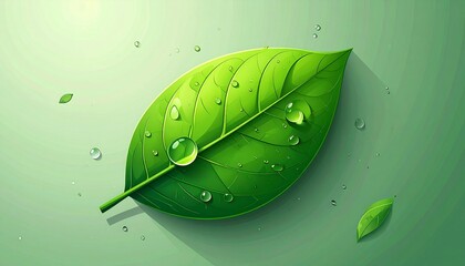 A vibrant green leaf with water droplets, digitally rendered, showcasing nature's detail.
