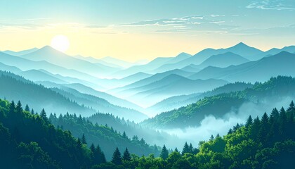 Serene sunrise over misty, layered mountain range, lush green forests below.