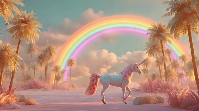 Rainbow unicorn walking through dreamy desert oasis under glowing pastel rainbow arc