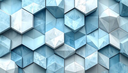 Abstract geometric background featuring a textured surface of light blue, white, and gray hexagonal shapes in a repeating pattern.