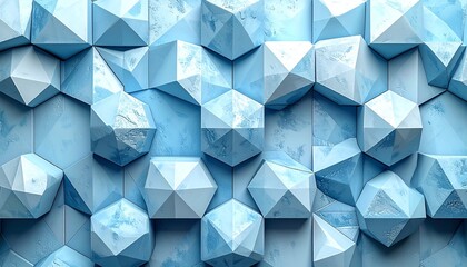 Abstract geometric pattern of light blue, faceted, three-dimensional shapes forming a textured wall.