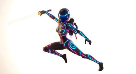Obraz premium Neon Cyberpunk Warrior: Futuristic Fighter with Energy Weapon