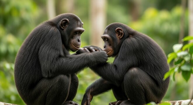 Two bonobos sit closely together, gently touching hands; lush green foliage forms a blurred background