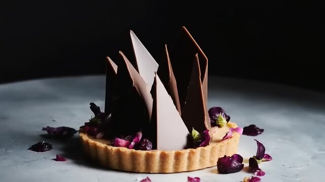 Chocolate tart with floral garnish and sharp chocolate shards