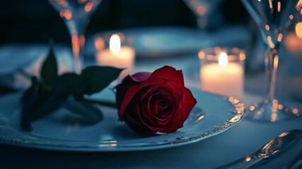Romantic dinner scene with a red rose on the table.