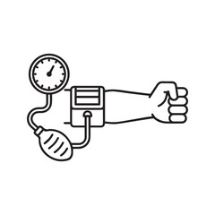 Blood pressure check line icon. Vector illustration of a sphygmomanometer with cuff on arm for medical diagnosis. Healthcare and cardiology symbol.

