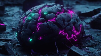 Obraz premium Cracked, dark brain with glowing veins