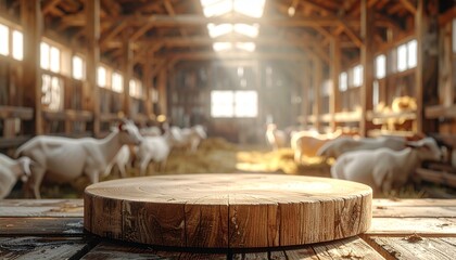 Rustic barn scene with goats and wooden table