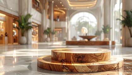 Opulent lobby with wooden display platform