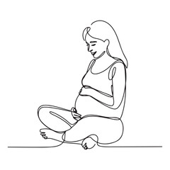 Continuous one line Art drawing happy young pregnant woman sitting with crossed legs at home and looking at her belly. with white background