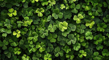 A dense collection of vibrant green clover leaves fills the frame, creating a lush, textured background.  The leaves vary slightly in shade, adding depth