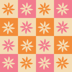 Checkered Retro 70s flowers seamless pattern in orange and pink. For Fabric, Stationary and wrapping paper.