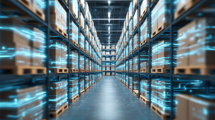 Modern warehouse with automated storage system and digital data overlays