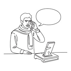 One single line Art drawing of young Arabian man wearing scarf receives complaint call from customer about broken new product. with white background