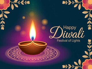 Happy diwali festival of lights with diya oil lamp and floral frame art